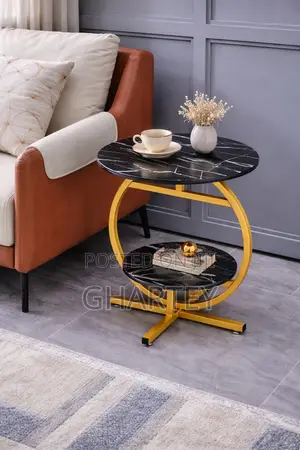 Luxury Black Woodmarble Like Two-Tier Side Table With Gold Frame
