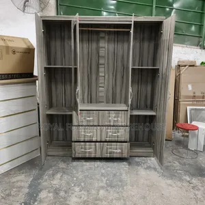 Four-Door Wooden Wardrobe With a Gray Wood Grain Finish.