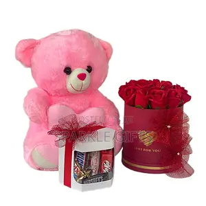 Assorted Chocolate With Rose Bouquet and Hugsy Teddy Bear Paired