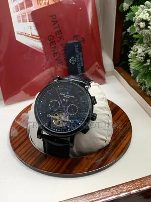 Patek Philippe Black Leather Automatic Watch With Black Surface