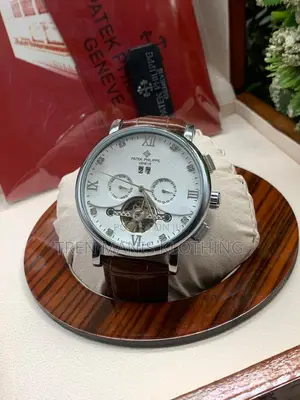 Silver Brown Leather Automatic Patek Philippe Watch With White Surface