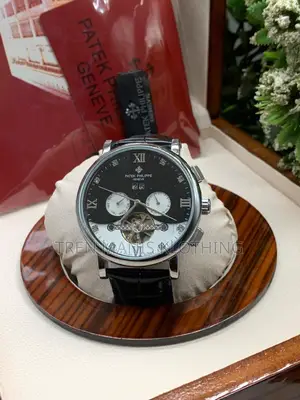Black Leather Patek Philippe Automatic Watch With Black/White Surface