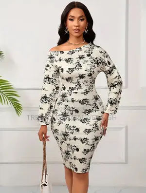 Elegant Asymmetrical Neck Floral Draped Bodycon Knit Dress