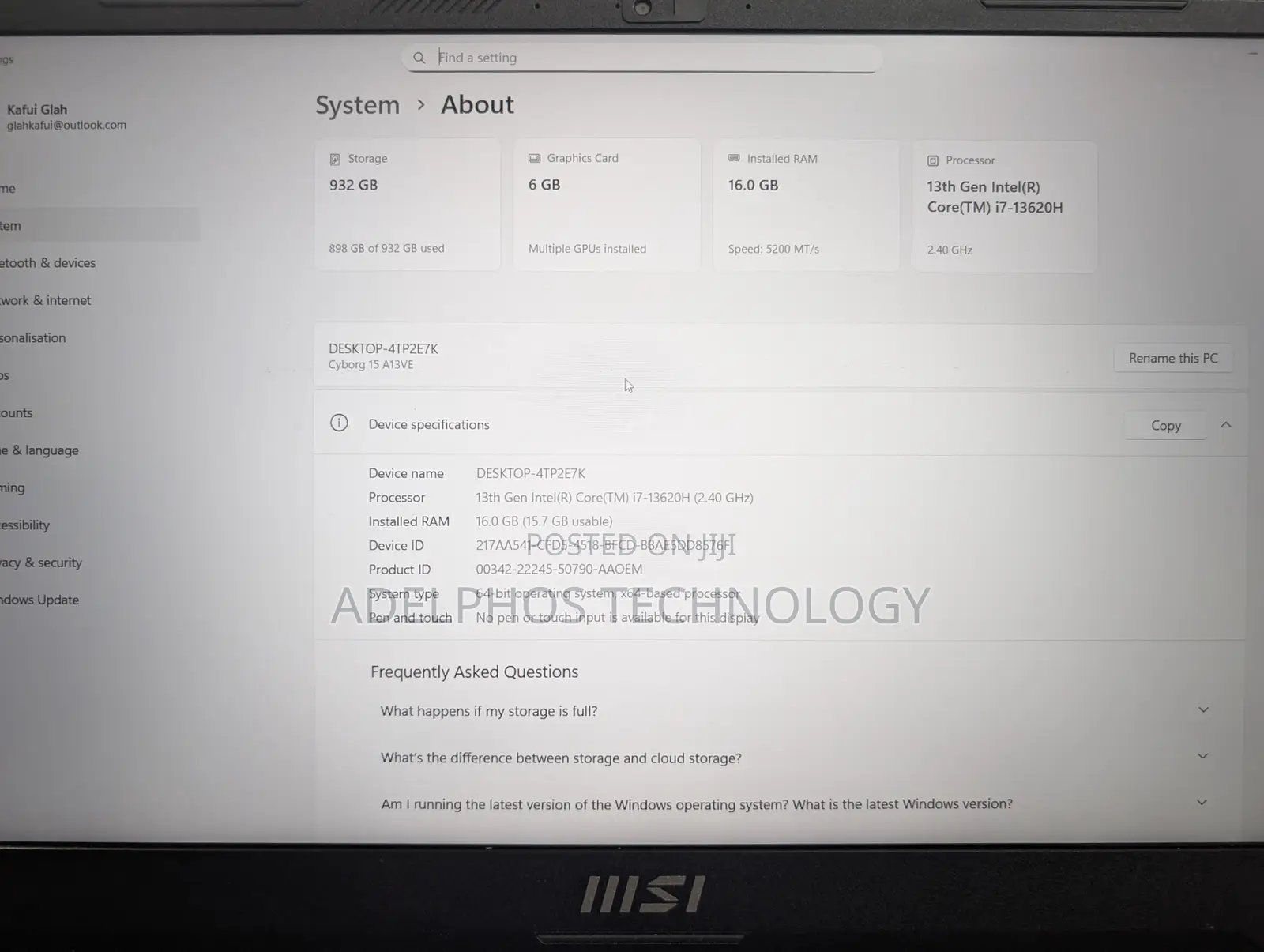 Laptop MSI Cyborg 15 16GB Intel Core i7 SSD 1T