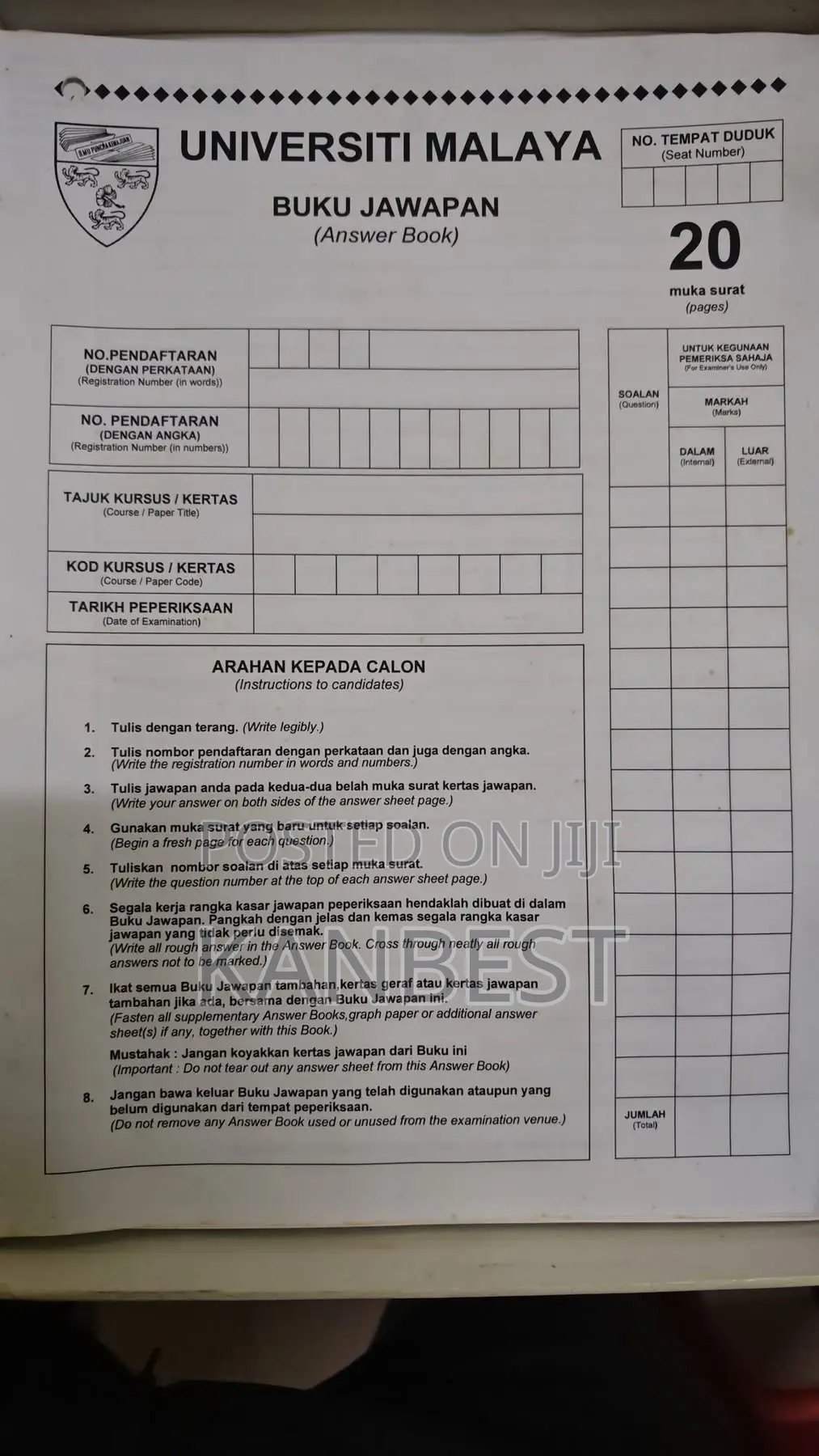 Examination Questions Answer Booklets