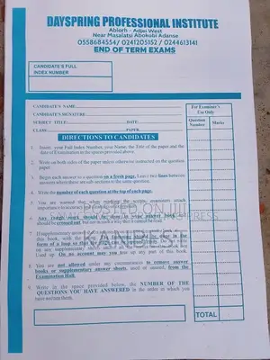 Examination Questions Answer Booklets