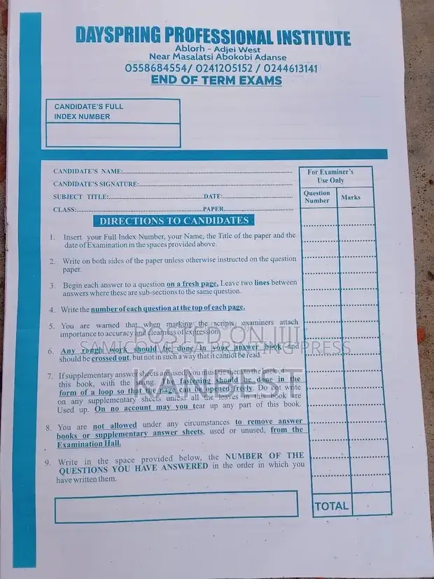 Examination Questions Answer Booklets