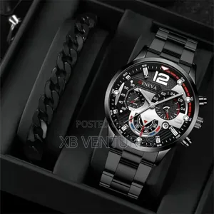 Luxury Stainless Steel Wrist Watch + Matching Bracelet Set for Men