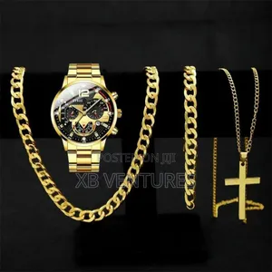 Elegant Golden Luxury Watch + Bracelet Gift Set for Gentlemen