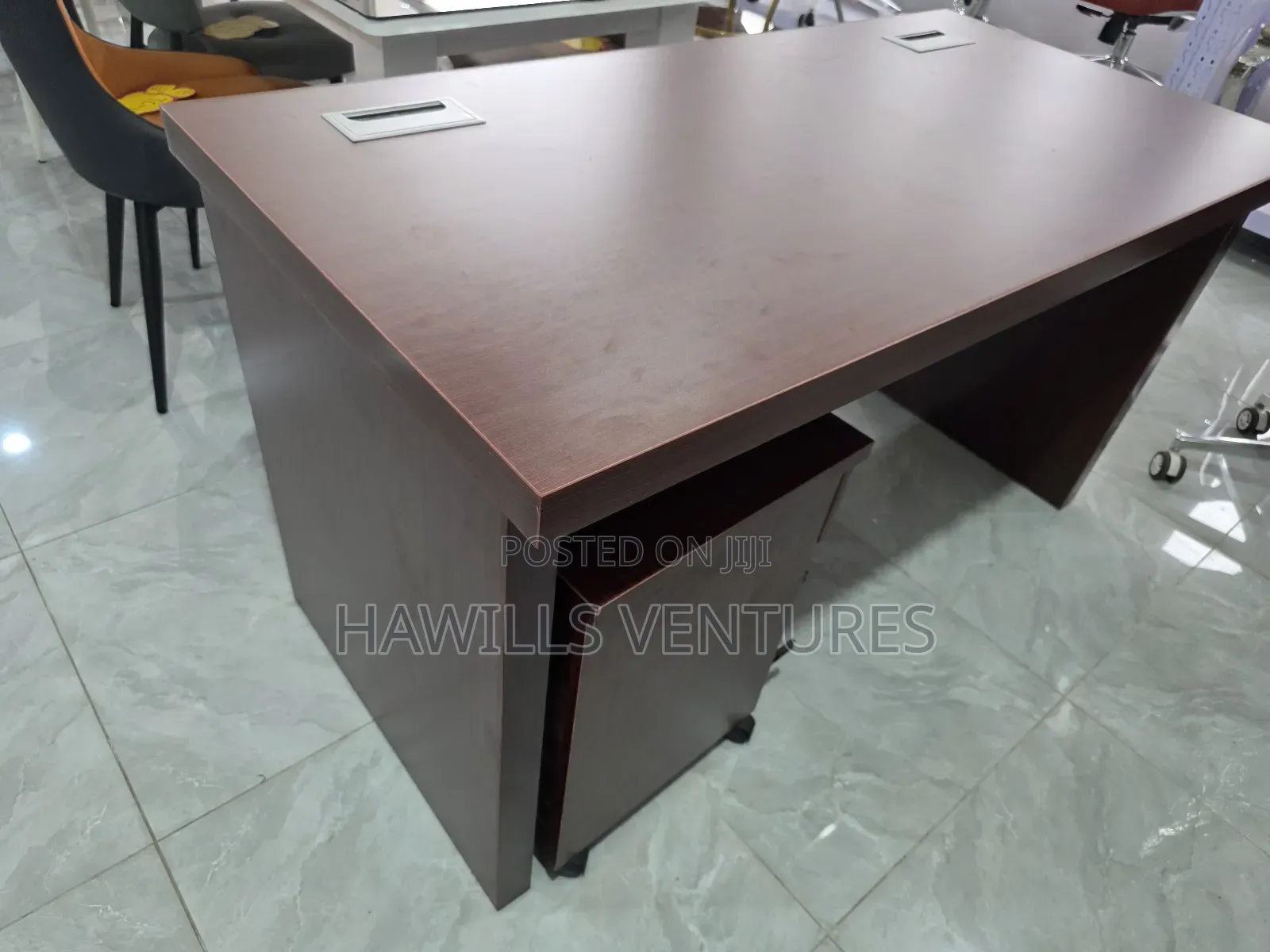 Mahogany-Finish Executive Office Desk With Cable Management Grommet.