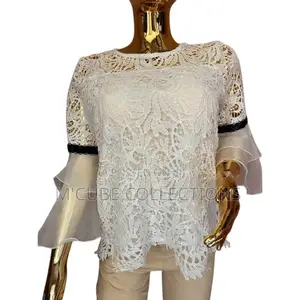 Women’S White Lace Top With Chiffon Bell Sleeves-Elegant and Airy