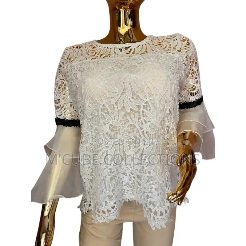 Women’S White Lace Top With Chiffon Bell Sleeves-Elegant and Airy