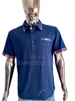 Men’S Navy Blue Polo Shirt With Plaid Trim