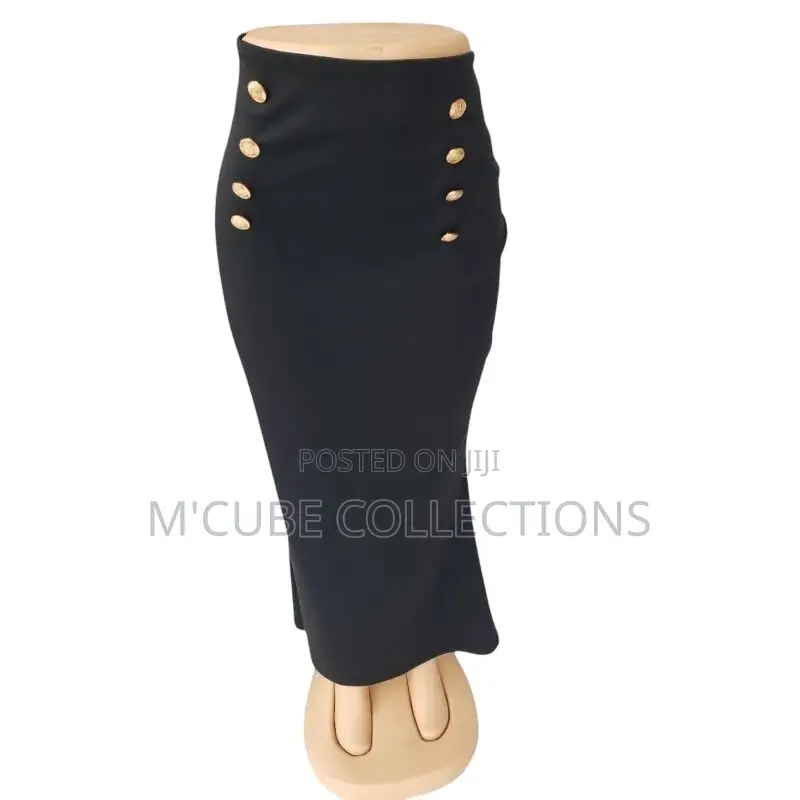 Gold-Button Black Pencil Skirt