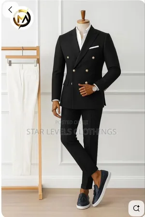 Black and Blue Black Double Breasted Suit for Men