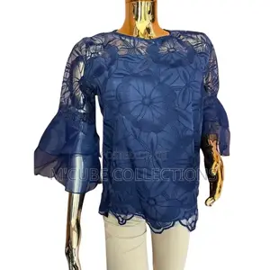 Women's Navy Blue Floral Lace Top With Sheer Layered Sleeves
