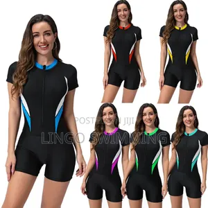Women’S Short Sleeve One-Piece Swimwear – Sporty Zip Front