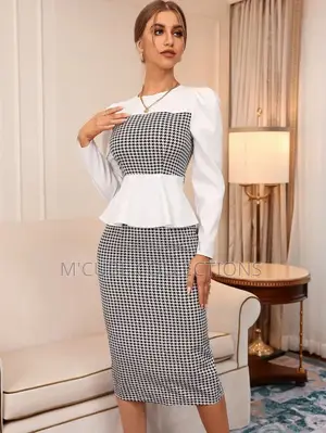 Black White Houndstooth Peplum Dress