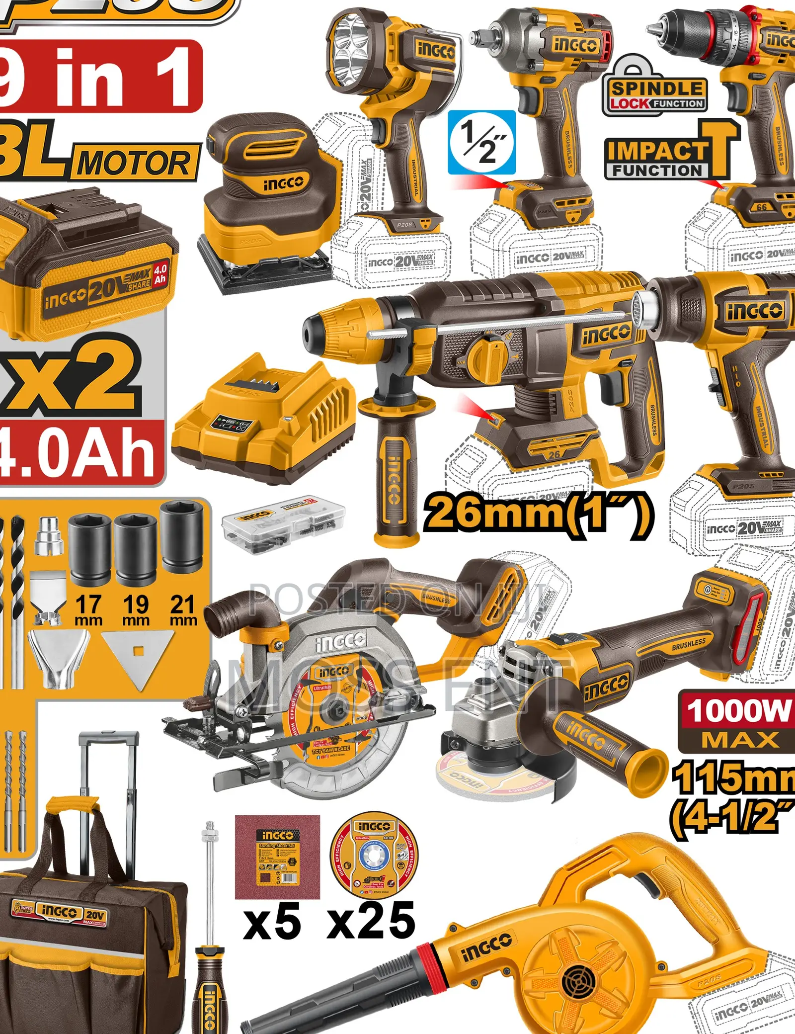 9 PCS Cordless Industrial Combo Kit 20v - Cosli250381