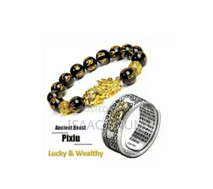 Feng Shui Pixiu Black Obsidian Wealth Lucky Bracelet and Ring Set