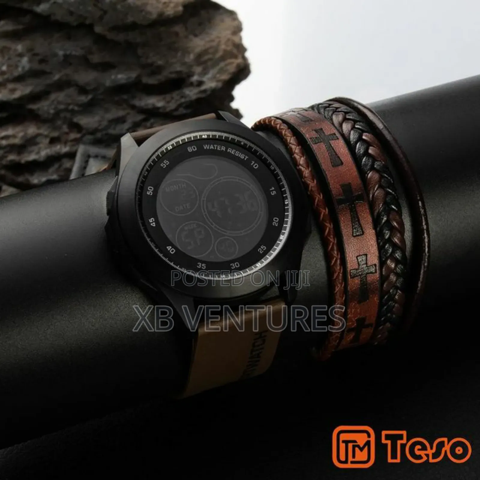 Waterproof Rubber Strap + Men's Bracelet and Digital Watch - Brown