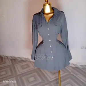 Elegant Cinched-Waist Button-Down Mini Dress – Grey