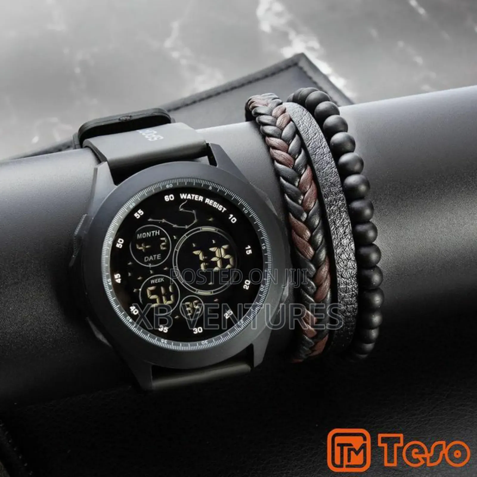 Waterproof Rubber Strap + Men's Bracelet and Digital Watch - Brown