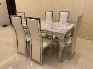 Dining Table Set Featuring Marble Top With Six Chair
