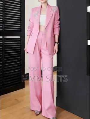 Quality 2-piece Ladies' Trousers Suit With Stone Design In Pink