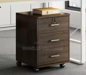 3 - Drawer Mobile File Cabinet Featuring a Dark Wood Finish.