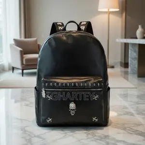 Skull‐Blaze Black Quality Leather Backpack