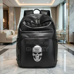 Skull‐Blaze Black Quality Leather Backpack