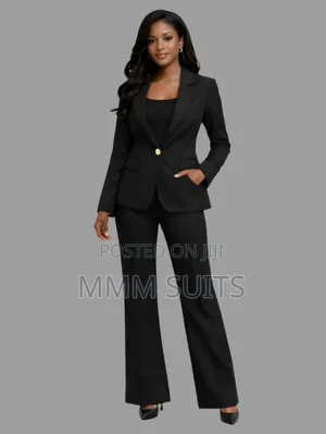 Classic 2-piece Ladies' Trousers Suit With Palazzo Trousers In Black