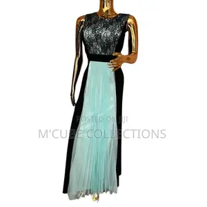 Black Lace Mint Pleated Gown