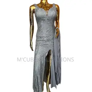 Silver Lace Slit Evening Gown