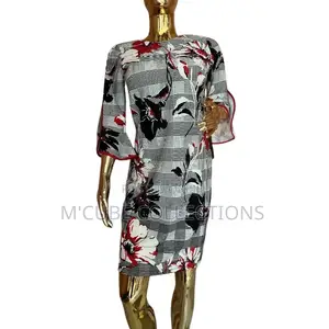 Houndstooth Floral Three-Quarter Sleeve Dress