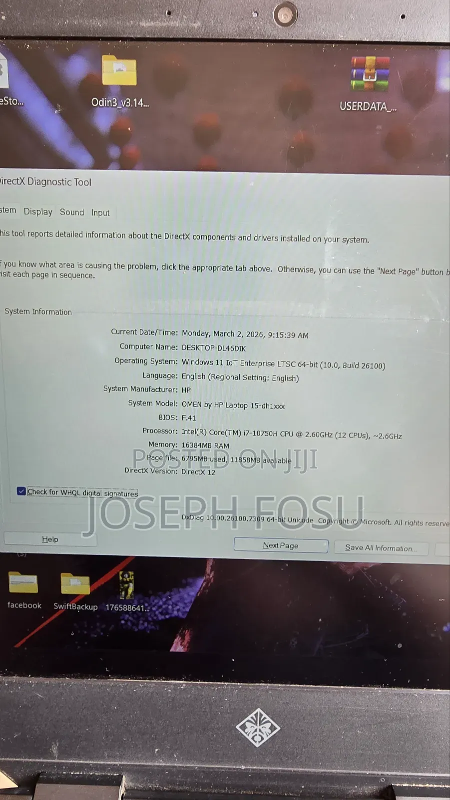 Laptop HP Omen 15-dh002nr 16GB Intel Core i7 HDD+SSD 1.5T
