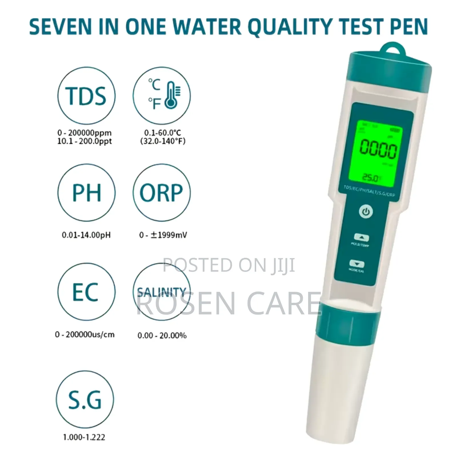 7-in-1 Ph Meter, Tds, Ec, Salt, Temps, S.G, Orp, Water Quality Tester