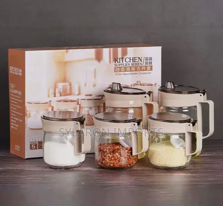 5-Piece Glass Seasoning Jar Set With Lids Handles