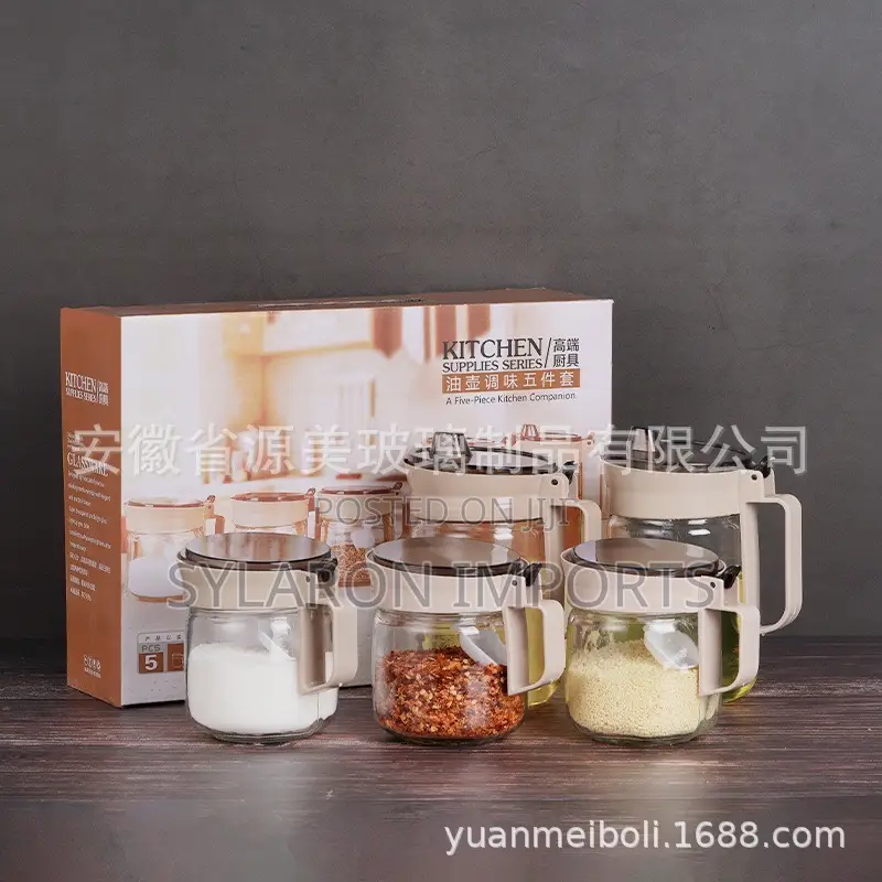 5-Piece Glass Seasoning Jar Set With Lids Handles