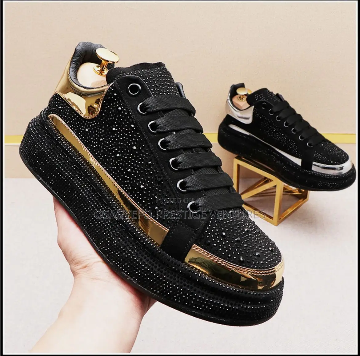Rhinestone Luxury Platform Sneakers Black/Gold