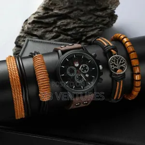 Business Quartz Watch Leather Strap With Bracelet - Brown