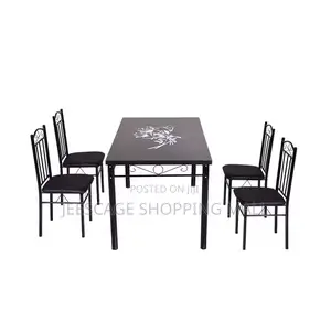5-Piece Red / Black Glass Top Dining Set With 4 Black Metal Chairs
