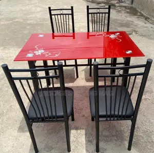 5-Piece Red / Black Glass Top Dining Set With 4 Black Metal Chairs