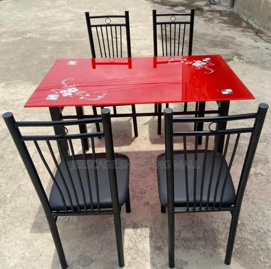 5-Piece Red / Black Glass Top Dining Set With 4 Black Metal Chairs