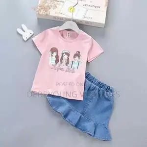 Girl Denim Suit With Cotton Stripes Short Sleeve