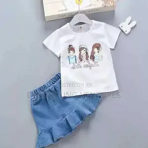 Girl Denim Suit With Cotton Stripes Short Sleeve