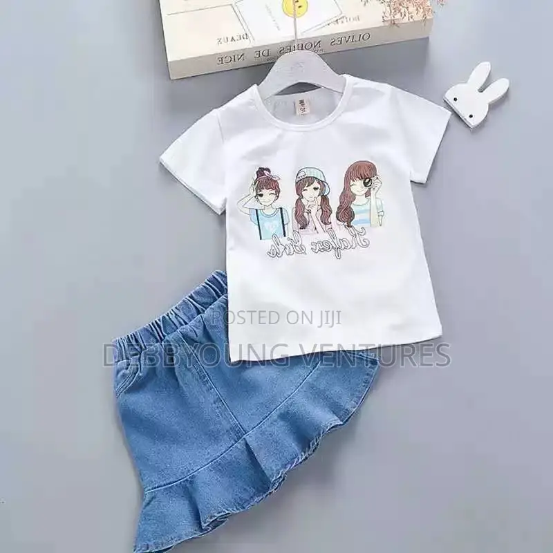 Girl Denim Suit With Cotton Stripes Short Sleeve