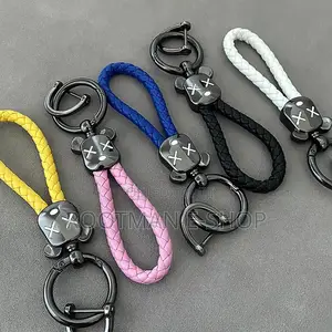 Braided Leather Keychain With a Teddy Bear Head for Car and Bag Keys