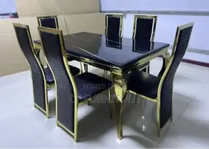 6-Seater Black and Gold Marble Dining Set